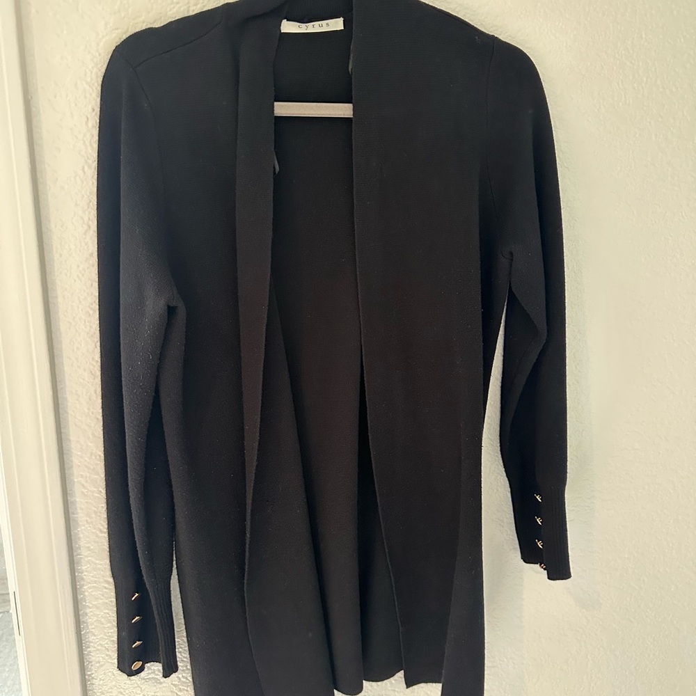 Black Open Front Cardigan with Gold Button Accents